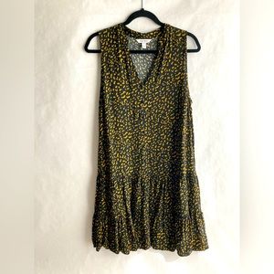 Nine West Cheetah V-Neck Tiered Rayon Black Golden Tan Dress Large